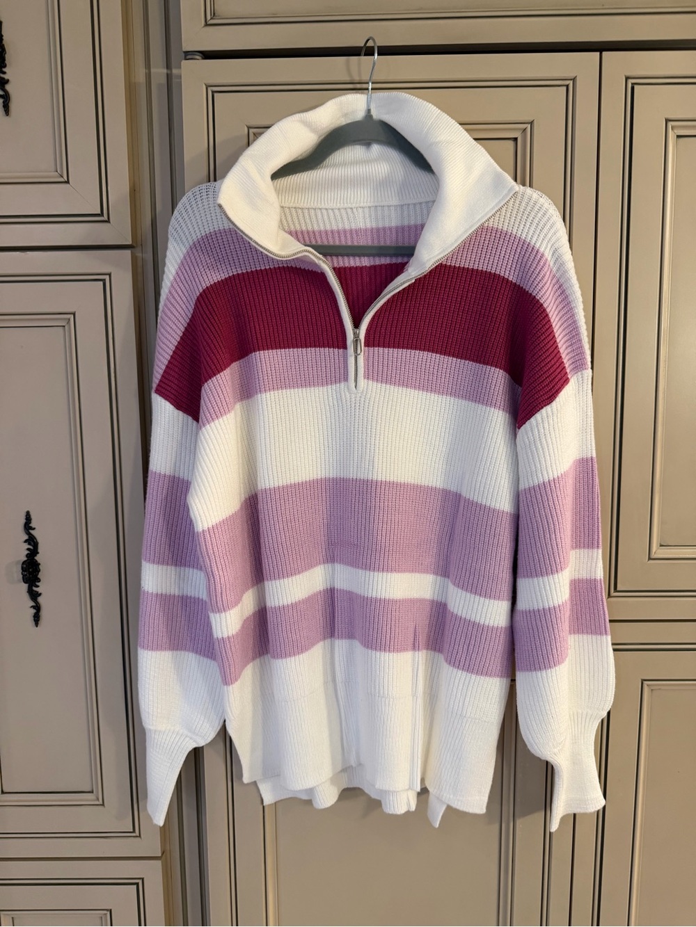 NWT Woman’s Striped Half-Zip Pullover Fall Sweater White and Pink Size Large